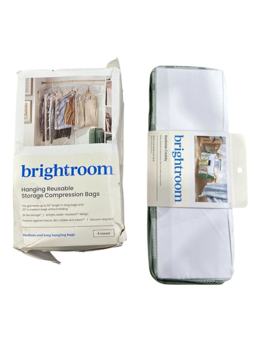 BRIGHTROOM Hanging Reusable Storage Compression Bags & Bedside Caddy (2 pack bun